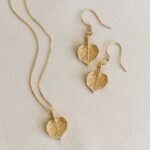 Pozłacany komplet LISTKI LIPY - wiszące kolczyki i naszyjnik